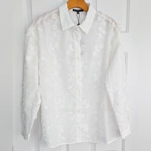 Adrianna Papell Sheer White Floral Embroidered Blouse
